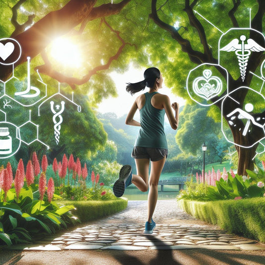 person running in a park with medical icons representing diabetes and hypertension